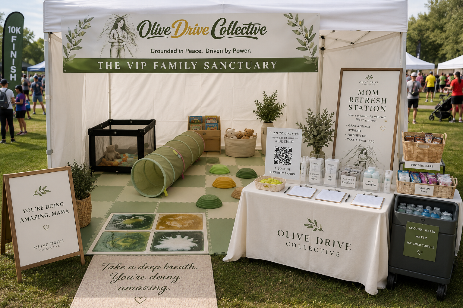 Olive Drive Collective VIP Family Sanctuary race day setup — childcare area, Mom Refresh Station, and branded tent